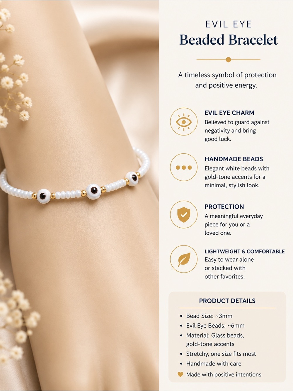 Evil Eye Beaded Bracelet - White with Gold Accents